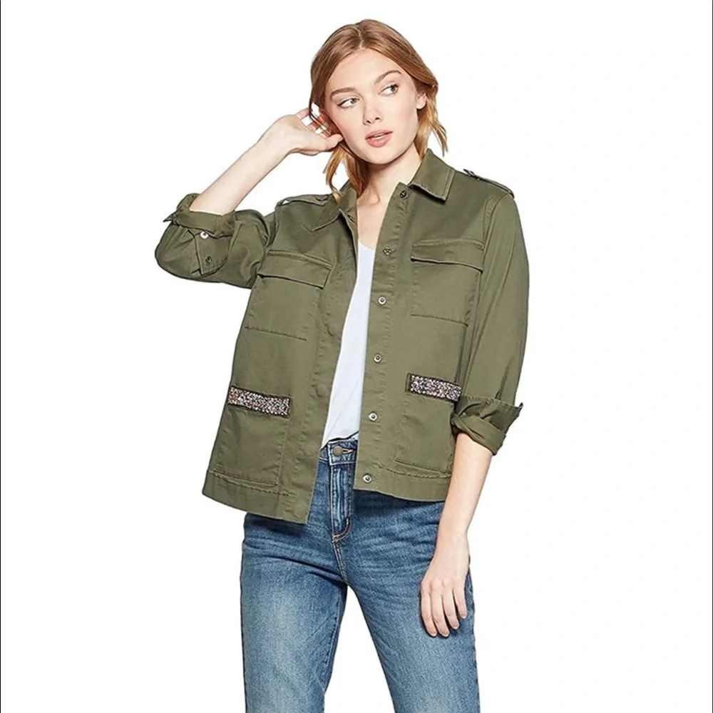 A NEW DAY sz Small Utility Jacket Beaded Trim Lightweight Pockets Olive Green